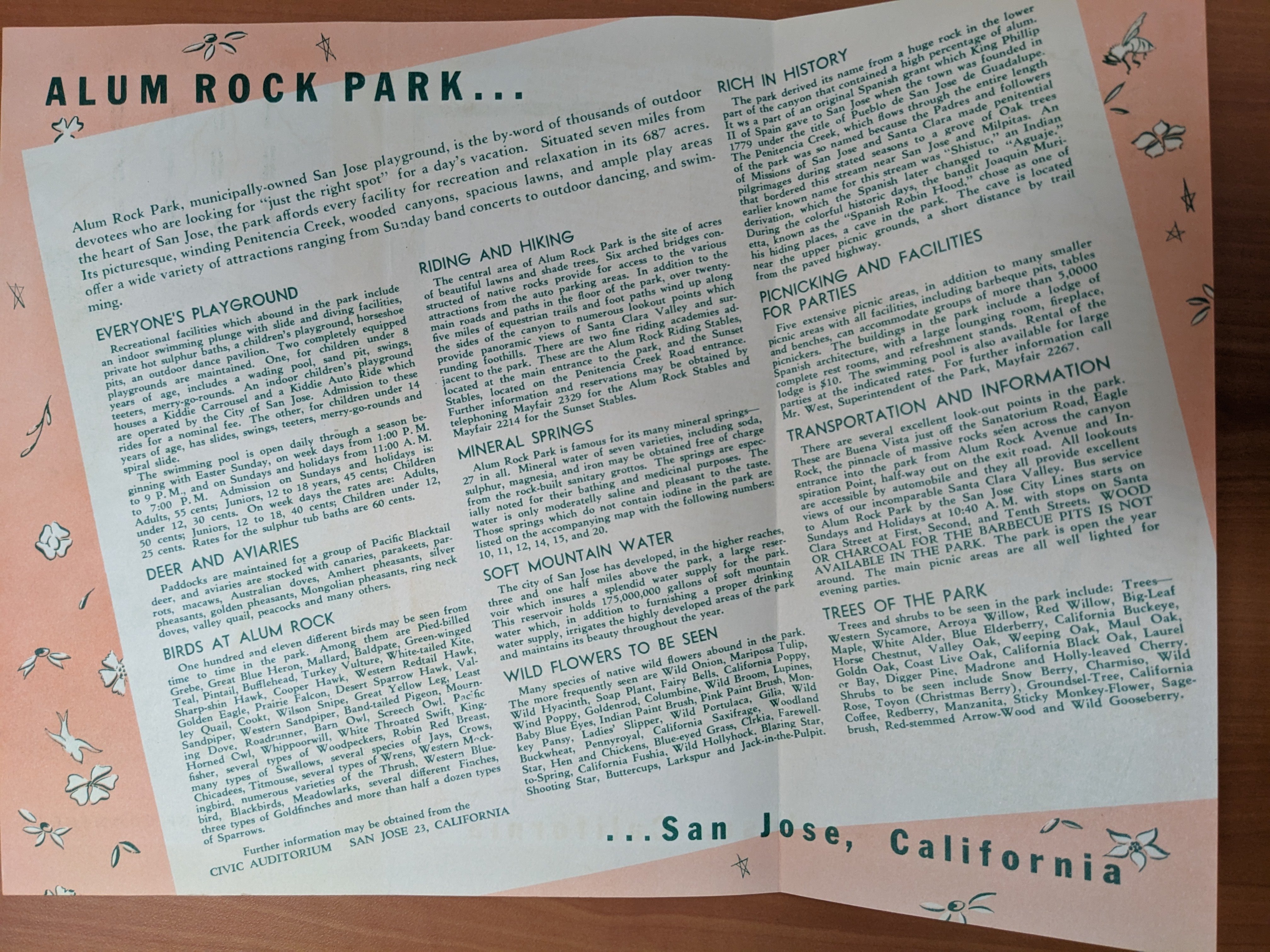 Interior of a park brochure, describing park attractions